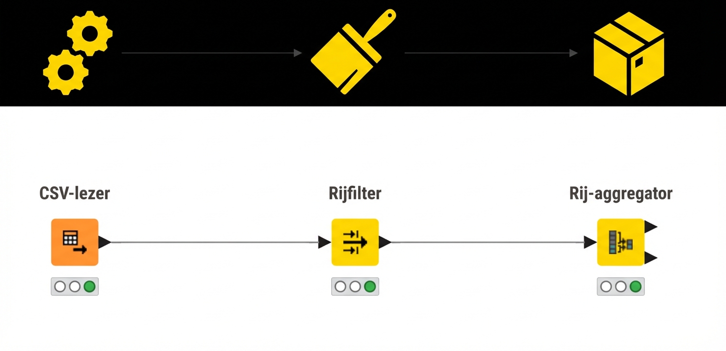 Afbeelding met drie productiefasen en drie KNIME-nodes voor hetzelfde doel