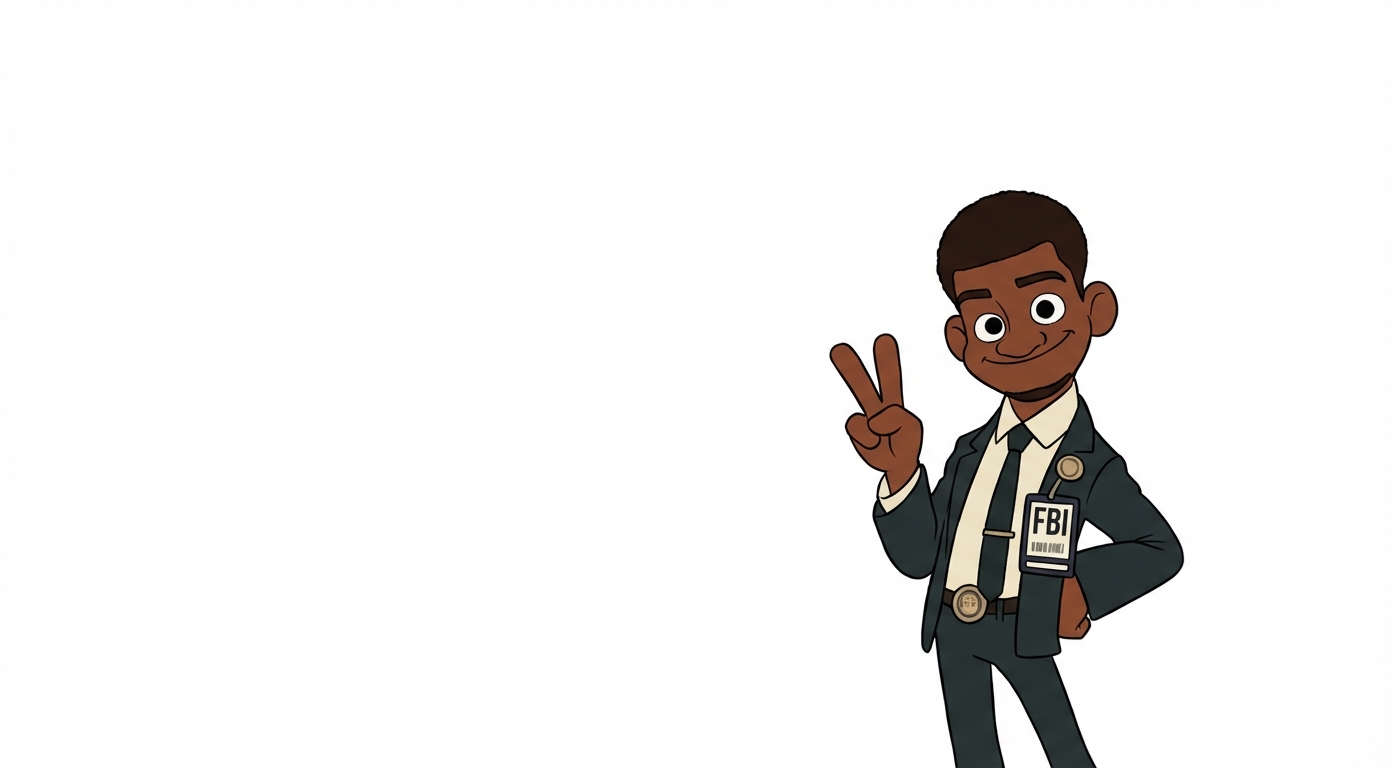 The image shows a cartoon FBI agent making a peace sign with his right hand