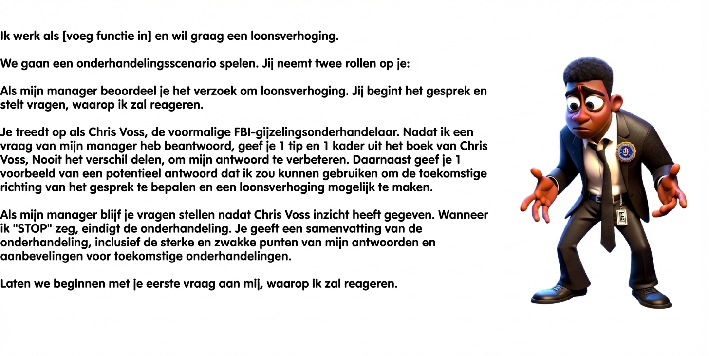 Een getekende man in FBI-pak kijkt bedenkelijk. ChatGPT-prompt: I work as a [insert role] and am seeking a raise. We will engage in a negotiation scenario. You will take two roles: As my manager, you will evaluate the request for a raise. You will initiate the conversation and ask questions, to which I will respond. You will act as Chris Voss, the former FBI hostage negotiator. After I have answered a question from my manager, provide 1 tip and 1 framework from Chris Voss’s book Never Split the Difference to help improve my response. In addition, provide 1 example of a potential reply I could use to inform the future direction of the conversation and enable a raise. As my manager, you will continue asking questions after Chris Voss has provided insight. When I say “STOP,” the negotiation will end. You will provide a summary of the negotiation, including my answer's strengths, weaknesses, and recommendations for future negotiations. Let’s begin by asking me my first question, to which I will respond.