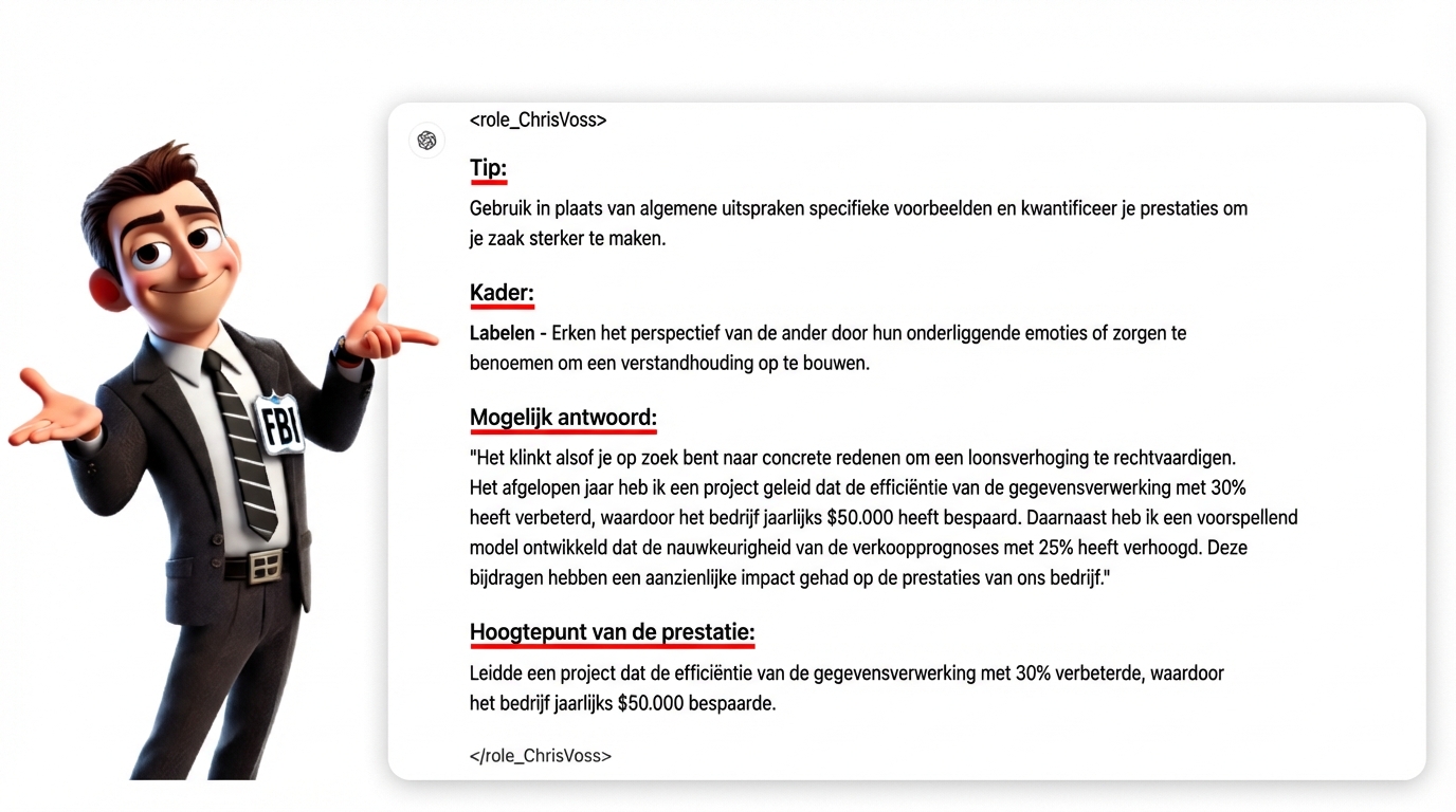 Een getekend personage in FBI-pak wijst naar een gestructureerd prompt-antwoord