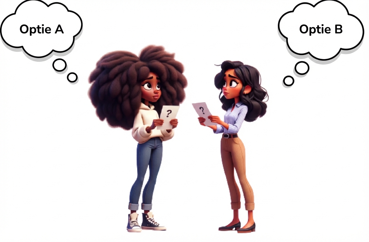 Illustratie van twee vrouwen met kaartjes met vraagtekens, met denkballonnen 'Optie A' en 'Optie B' boven hun hoofd