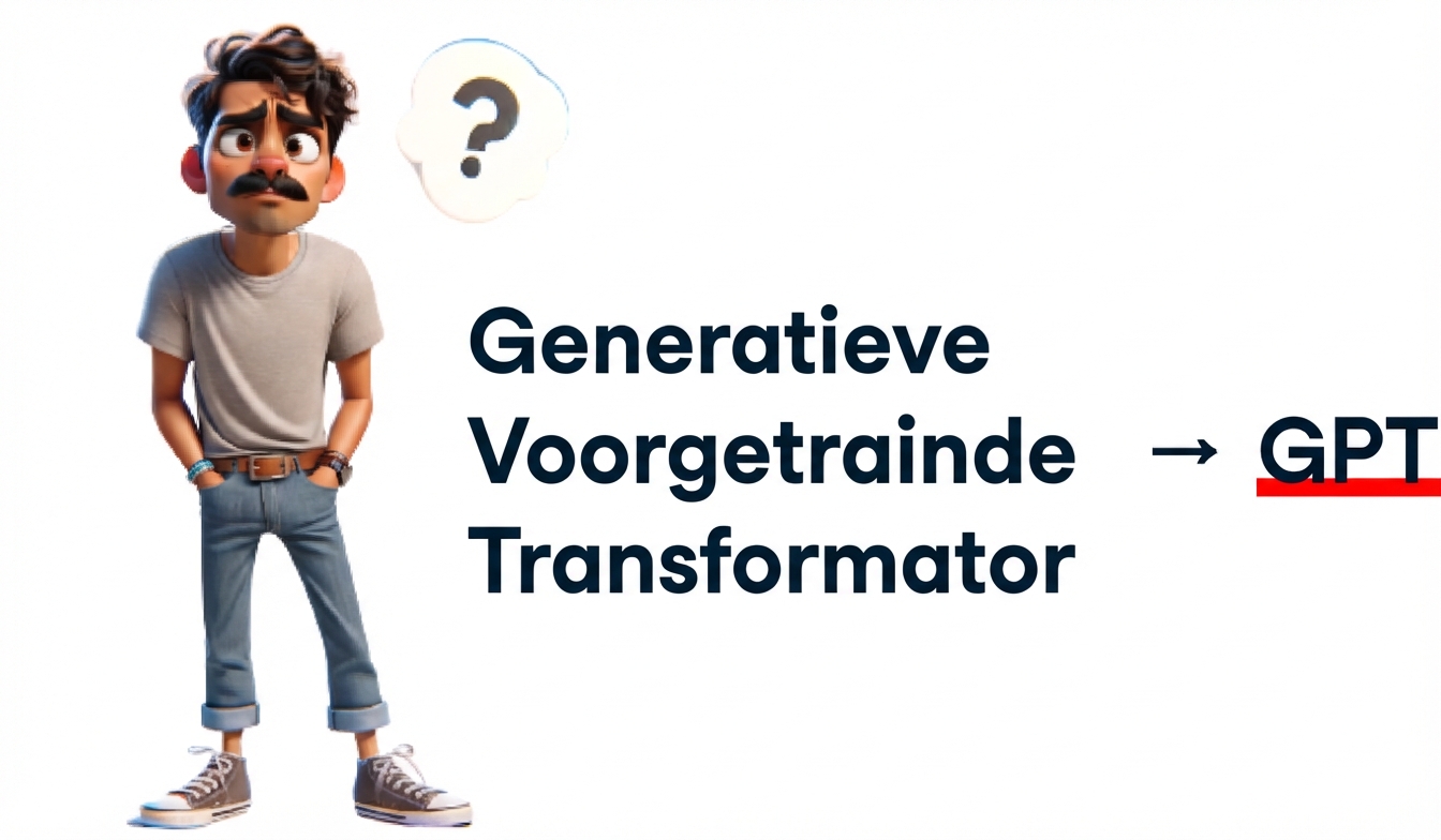 Een illustratie toont een verwarde man met een vraagteken boven zijn hoofd. Rechts staat 'Generative Pre-trained Transformer', met een pijl naar 'GPT' in vet en onderstreept