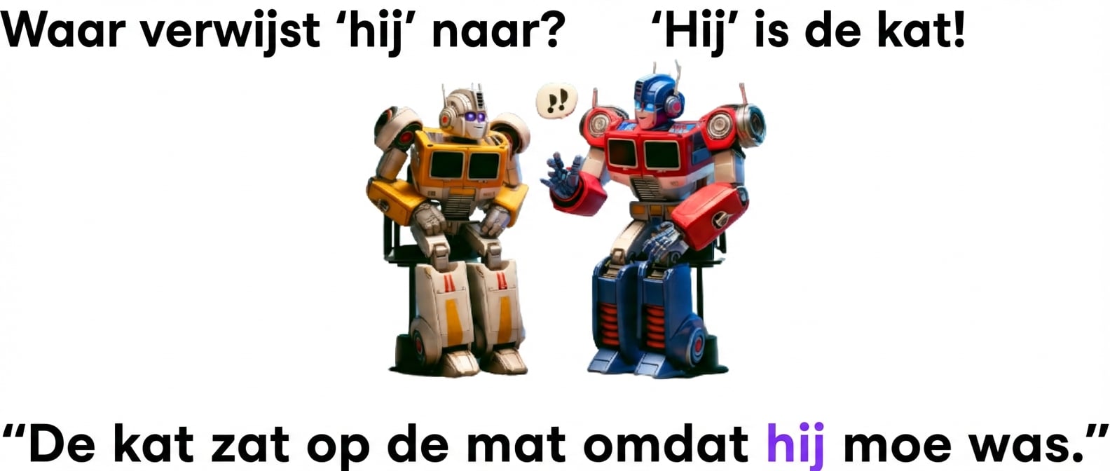 Twee kleurrijke robots naast elkaar; de rechter robot maakt een gebaar alsof hij praat.