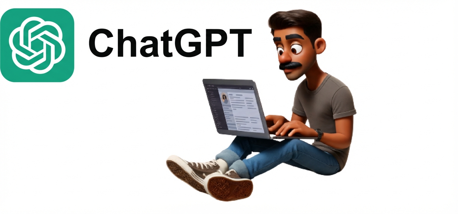 Illustratie van een man met een laptop, naast het ChatGPT-logo