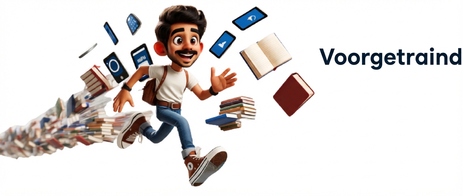 Illustratie van een man die rent met boeken en apparaten achter zich aan, met rechts het woord 'Pre-trained'