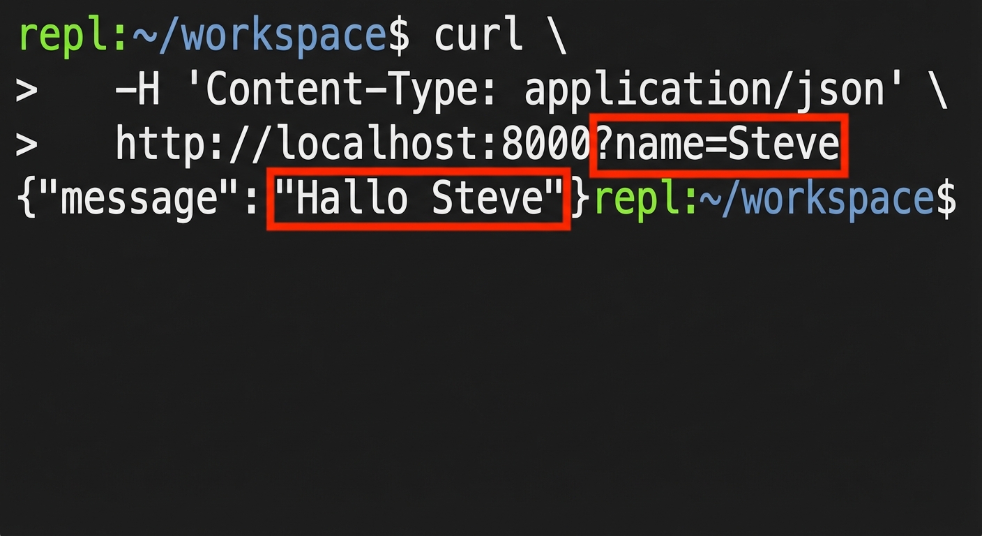 Terminal met een curl-verzoek met een naam. Antwoord: "Hello Steve."