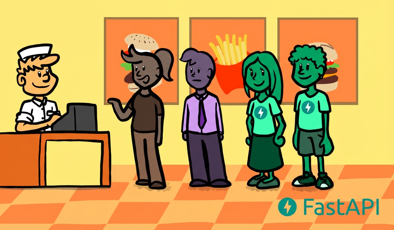 Klanten in de rij voor burgers die gelijktijdig worden bereid en geserveerd