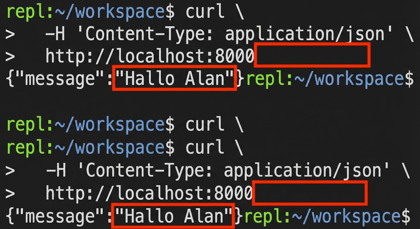Terminal met een curl-verzoek zonder naam. Antwoord: "Hello Alan."