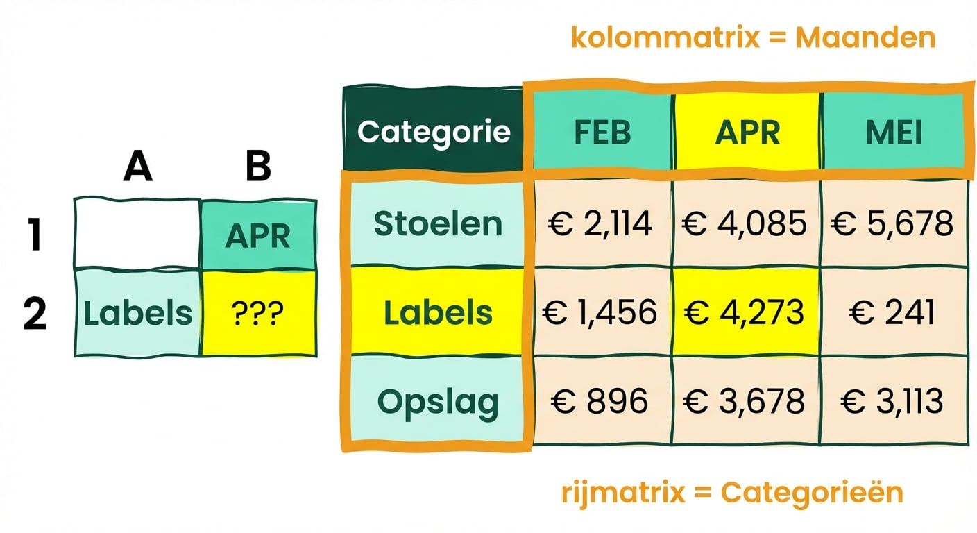 Een tabel in Excel met 5 kolommen en 4 rijen om INDEX en MATCH te tonen