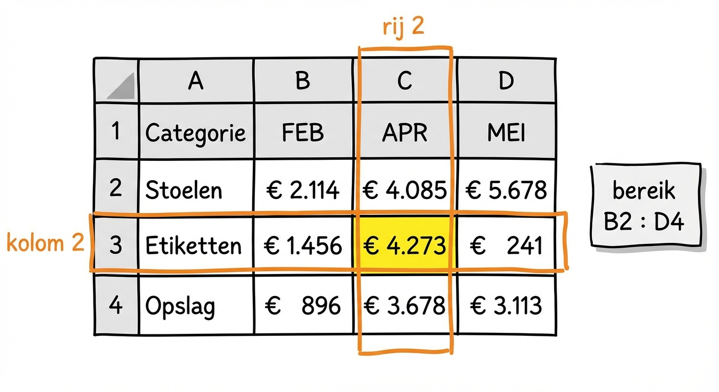 Een tabel met 4 kolommen en 3 rijen om het gebruik van INDEX te tonen