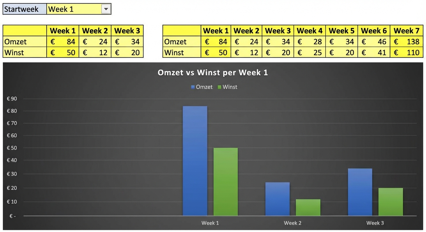 Gif met de dynamische combinatie van tabel en grafiek
