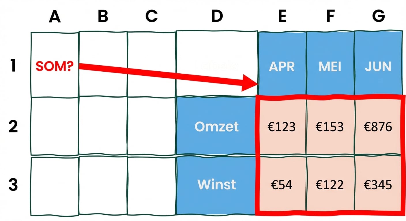 Een tabel met twee rijen en twee kolommen om een gesommeerde array te tonen
