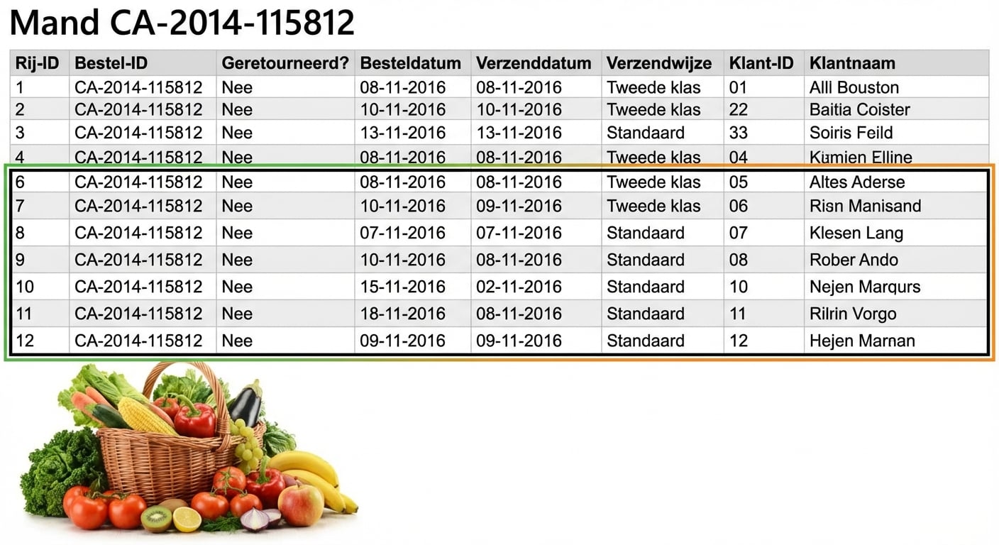 Een groentemand en een Excel-tabel met bijbehorende bestellingen