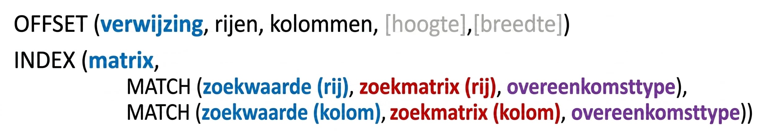 Syntax van de Excel-functies OFFSET(), INDEX() en MATCH()