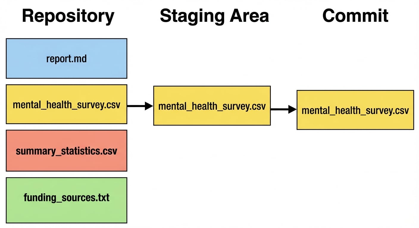 Vier bestanden in een repo, waarvan er drie aan de staging area zijn toegevoegd en één is gecommit: report.md, mental health survey.csv en summary statistics.csv