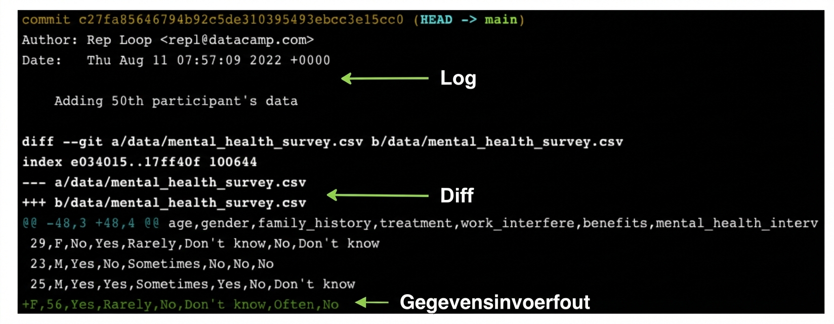 git show-uitvoer met bovenaan git log en onderaan git diff; verkeerde gegevensinvoer onderaan zichtbaar
