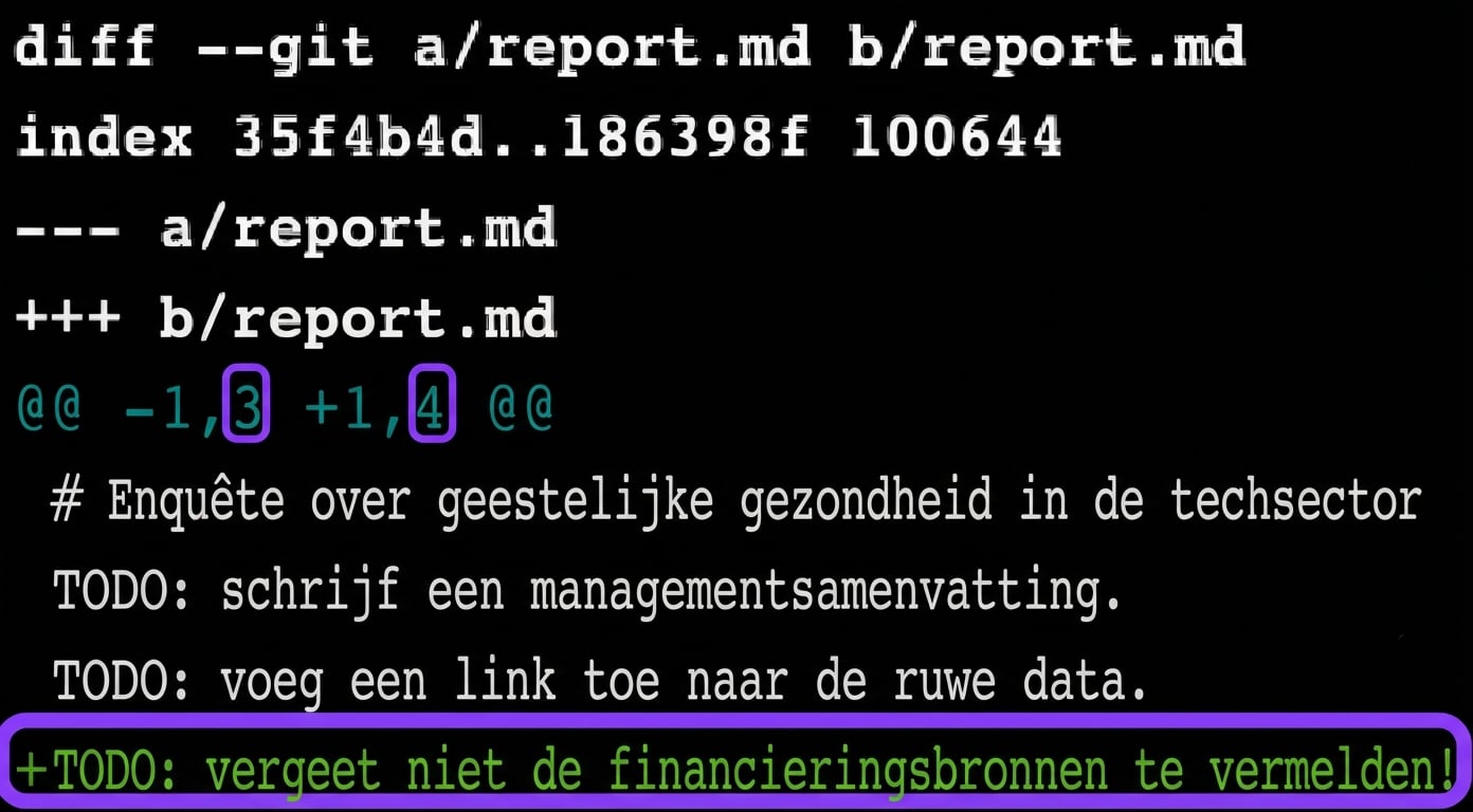 git diff-uitvoer voor de eerste en derde meest recente commits - de laatste versie heeft een extra regel