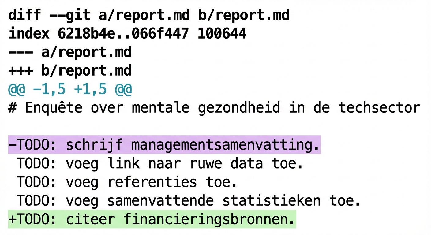 git diff-uitvoer met pijl naar de vijfde regel "@@ -1, 5 +1, 5 @@", de start- en eindregels van beide versies