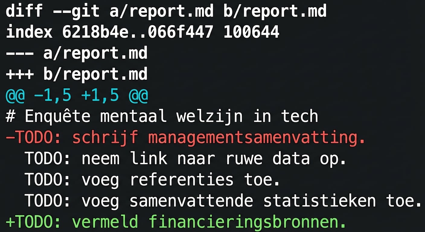 git diff-uitvoer toont dat "TODO: write executive summary."" is verwijderd en "TODO: cite funding sources" is toegevoegd