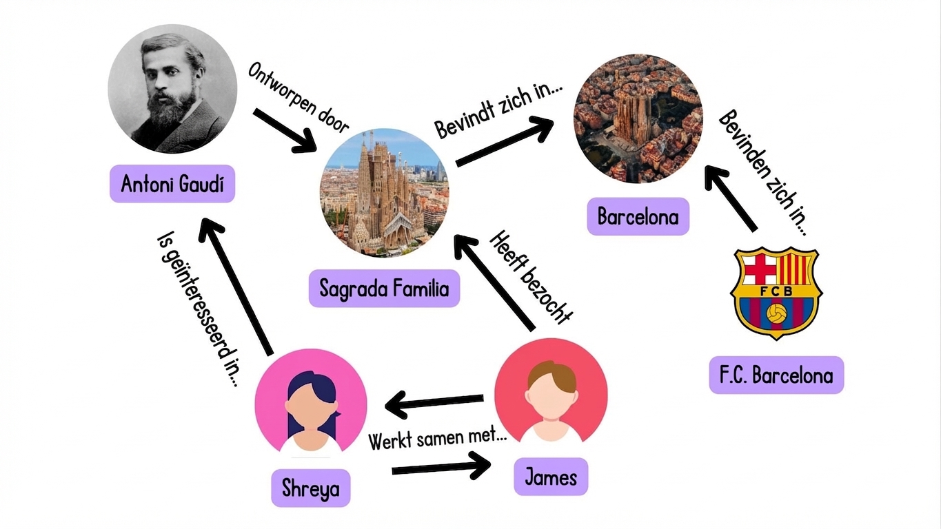 Een graaf met verbindingen tussen mensen, plaatsen en interesses.
