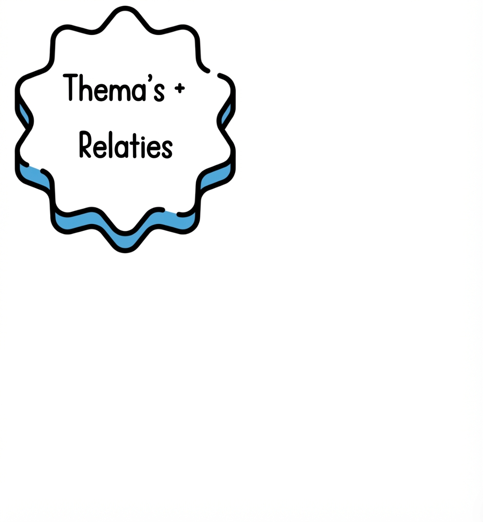 Een tekstballon met "thema’s en relaties".