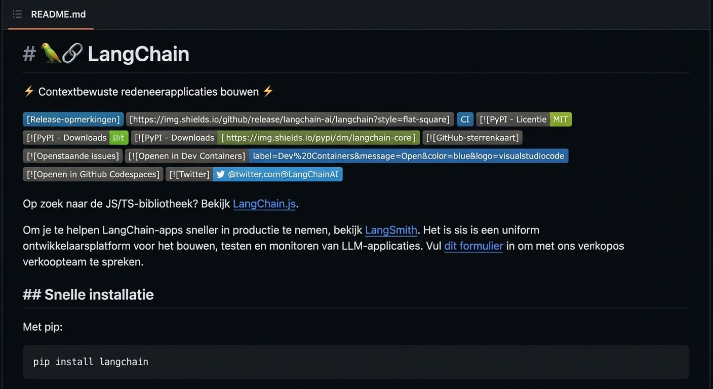 De ruwe markdown voor het README-bestand in de GitHub-repo van LangChain.