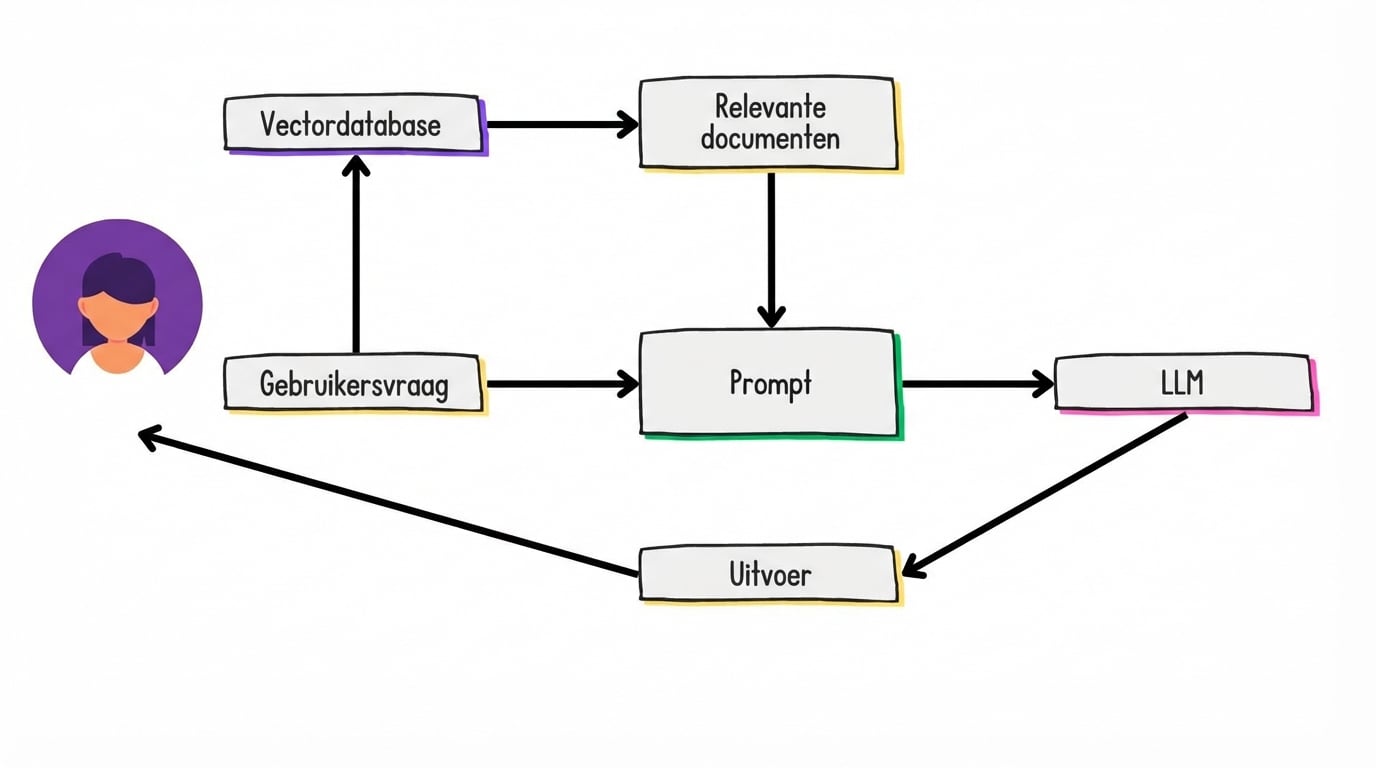 De prompt wordt naar het LLM gestuurd en de output gaat terug naar de gebruiker.