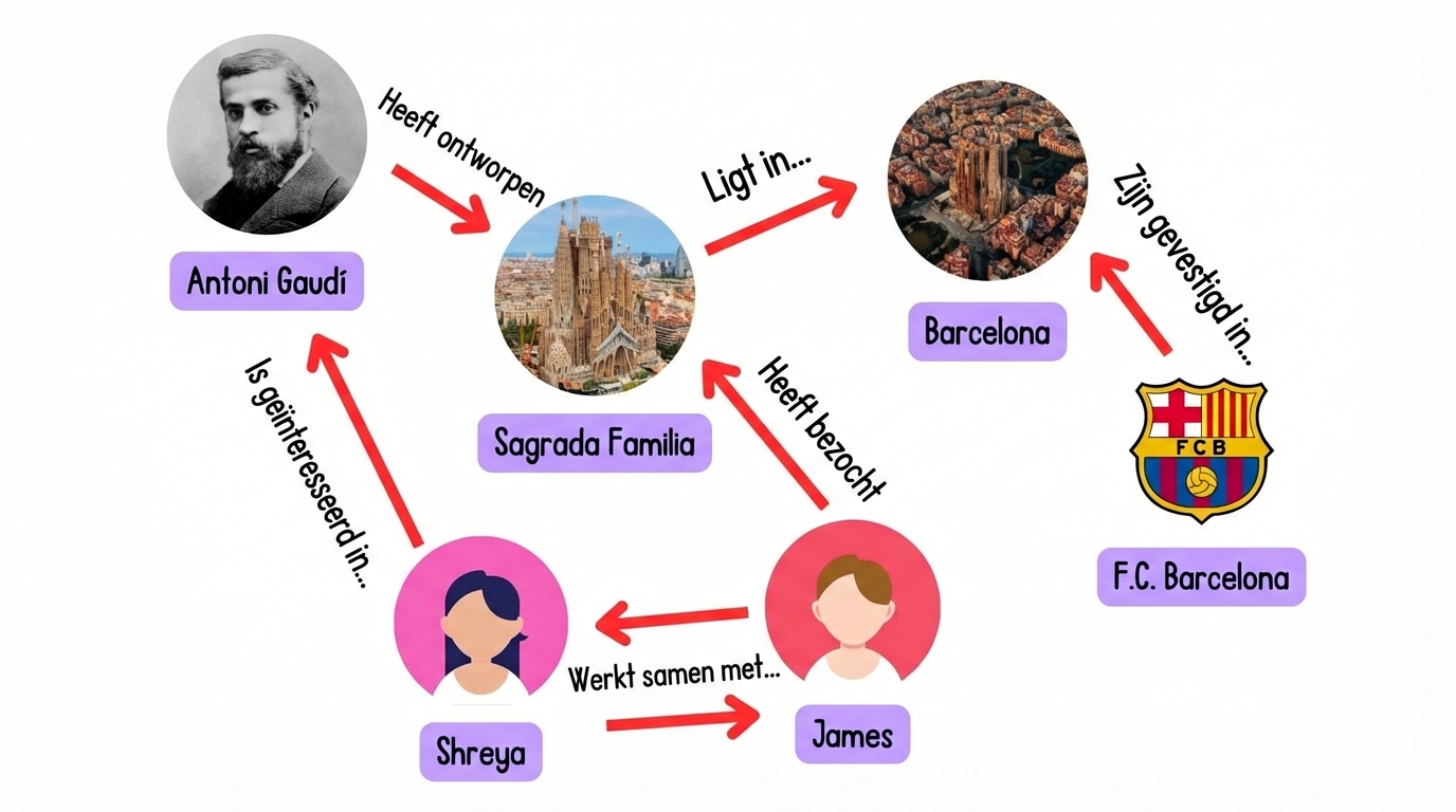 Een graaf met verbindingen tussen mensen, plaatsen en interesses.