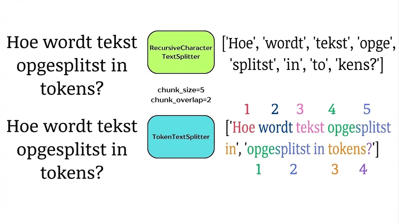 De tokens zijn gemarkeerd om te laten zien hoe ze aligneren met de waarden chunk_size en chunk_overlap.