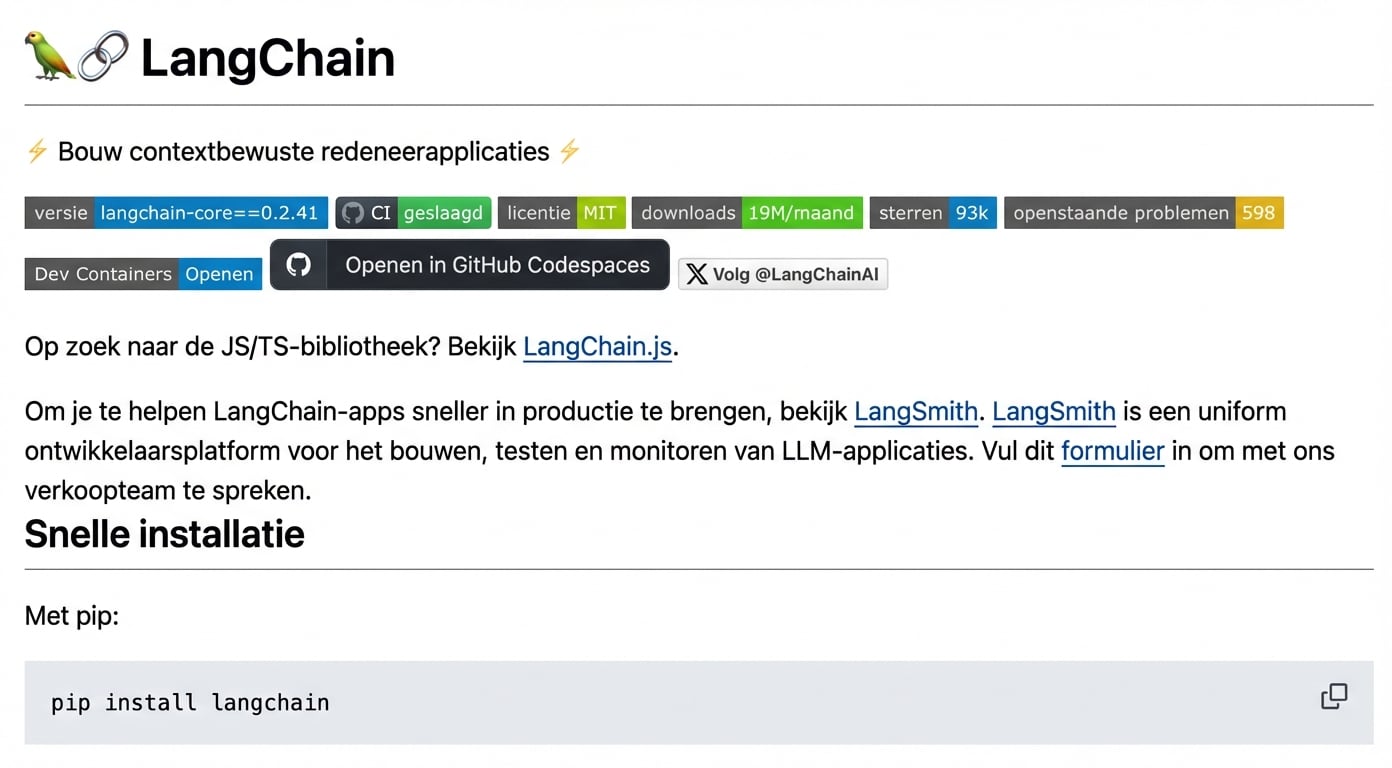 Weergegeven markdown uit het README.md-bestand op LangChains GitHub.