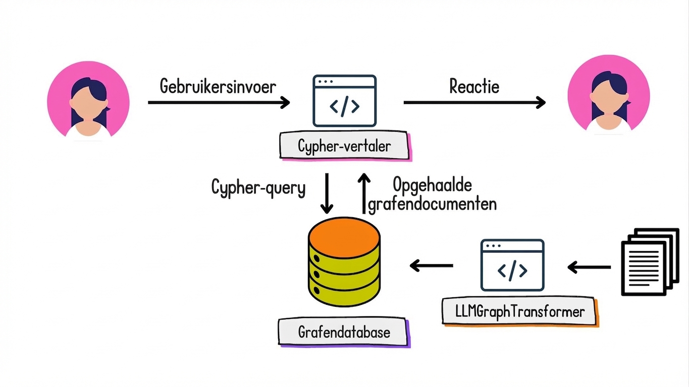 Een vertaler van natuurlijke taal naar Cypher zet de invoer om in een Cypher-query en de opgehaalde graafdocumenten terug naar natuurlijke taal.