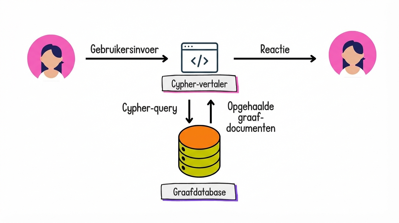 De Graph RAG-architectuur die gebruikersinvoer vertaalt naar Cypher-query's en een antwoord in natuurlijke taal teruggeeft.