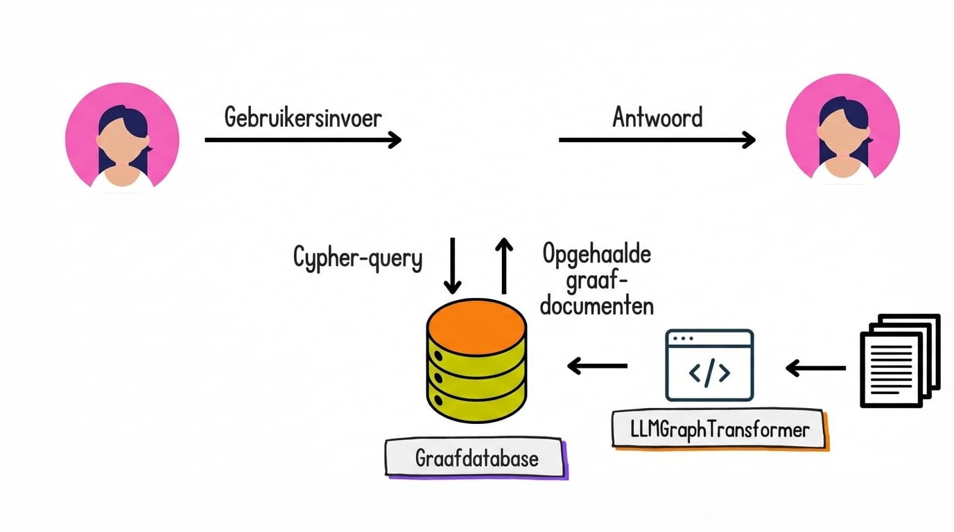 Een Cypher-query haalt graafdocumenten op uit de database. Ook getoond: een gebruikersinvoer en een antwoord in natuurlijke taal.