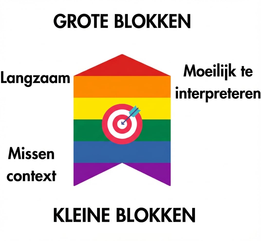Een pijl toont dat de ideale chunk-grootte in het midden ligt; grote chunks kunnen trage opvraging en lastigere interpretatie geven, en kleine chunks hebben te weinig context.