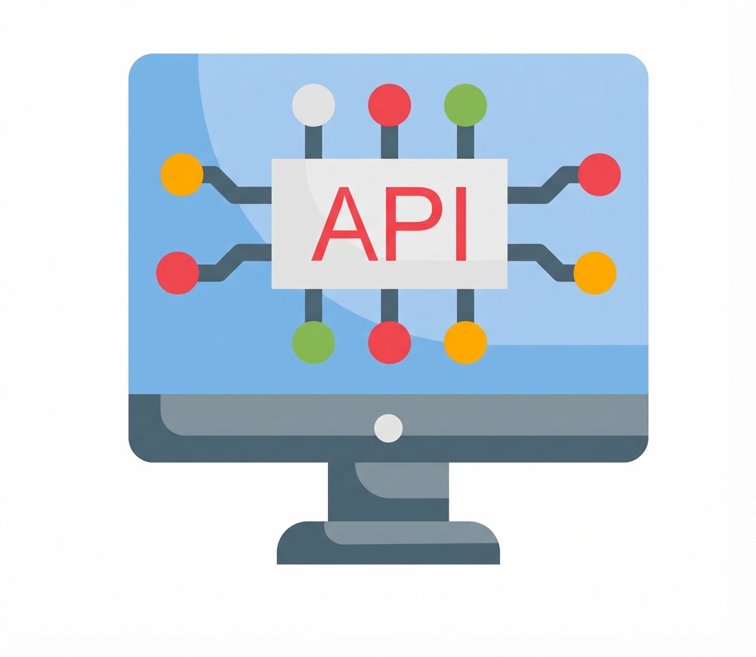 Bureaubladmonitor met microchip in het midden en "API" erop.