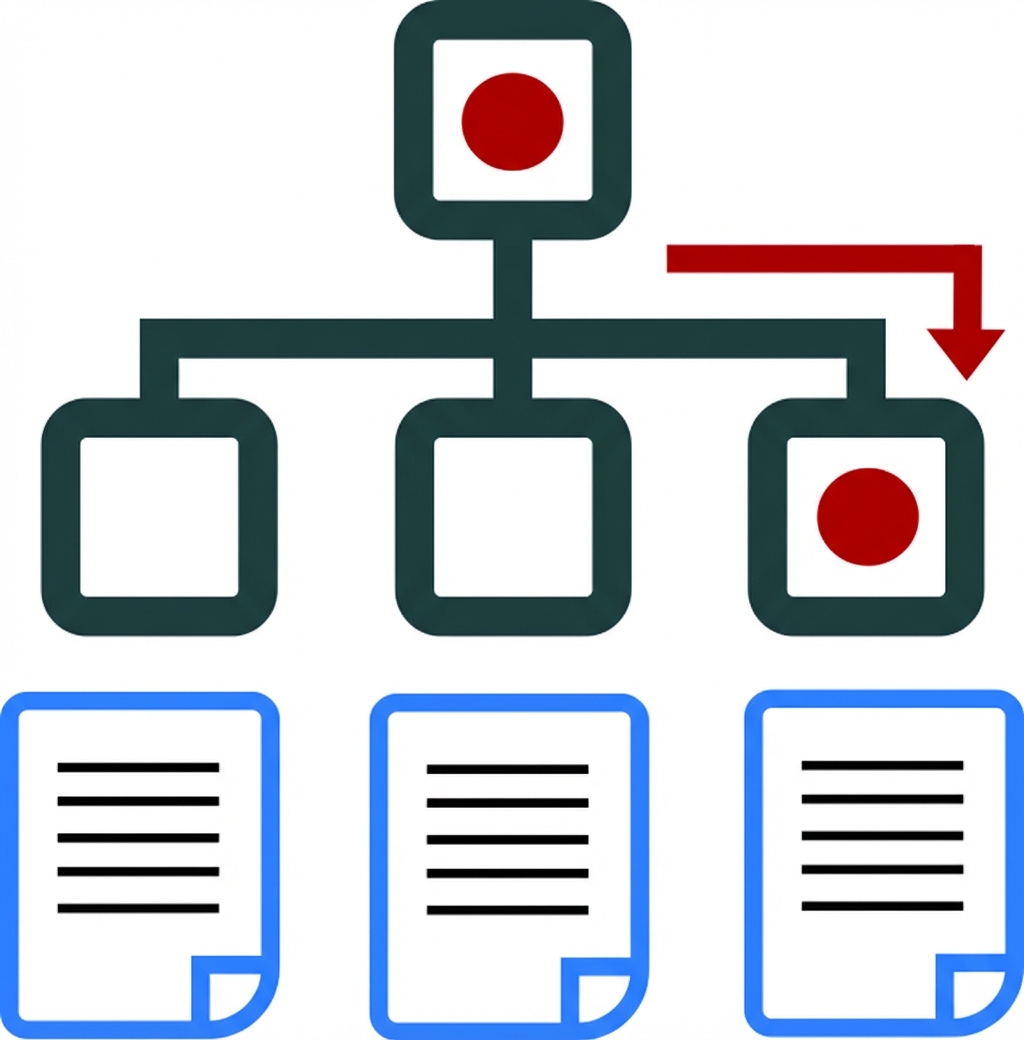 Diagram van een flowchart met drie verschillende documentpictogrammen eronder als uitkomst van "edges".