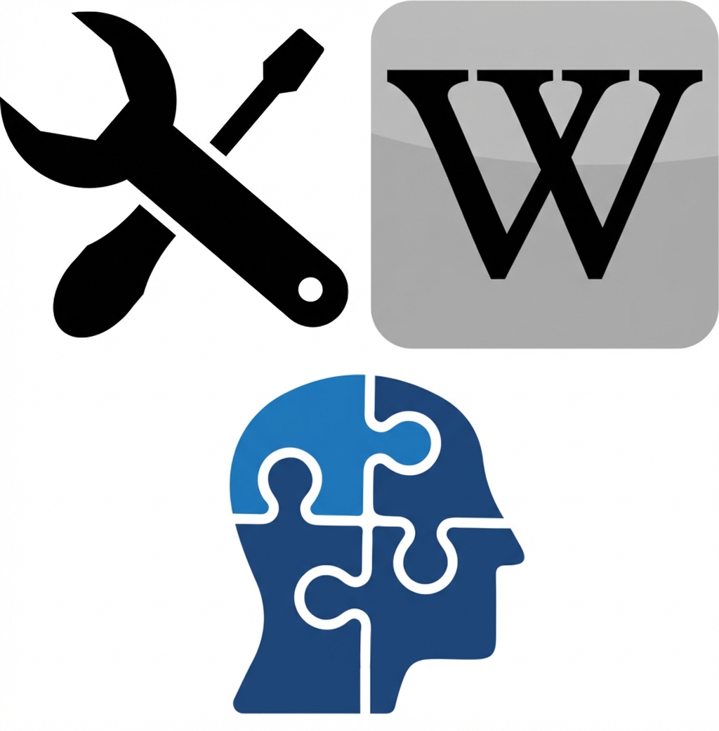 Pictogram van tools, Wikipedia en een puzzel van een menselijk gezicht.