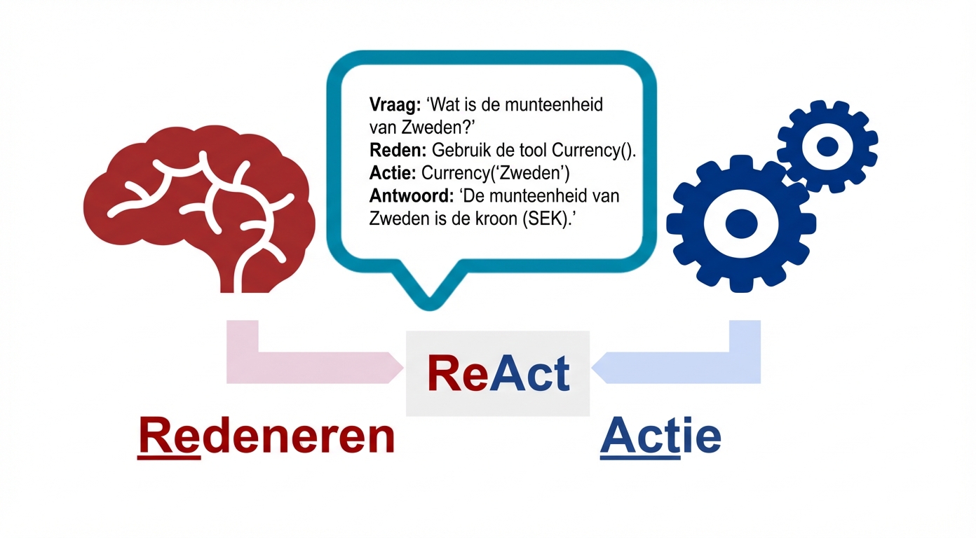 Diagram van een brein en tandwielen met een tekstballon die de onderdelen van een ReAct-agent toont, met hieronder het label ReAct.