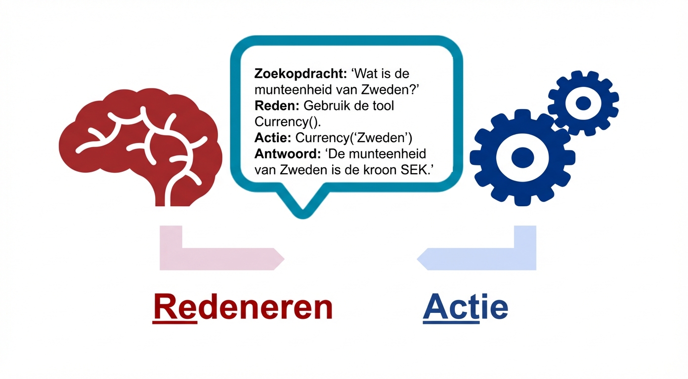 Diagram van een brein, tandwielen en een tekstballon met vraag en redenering, actie en reactie.