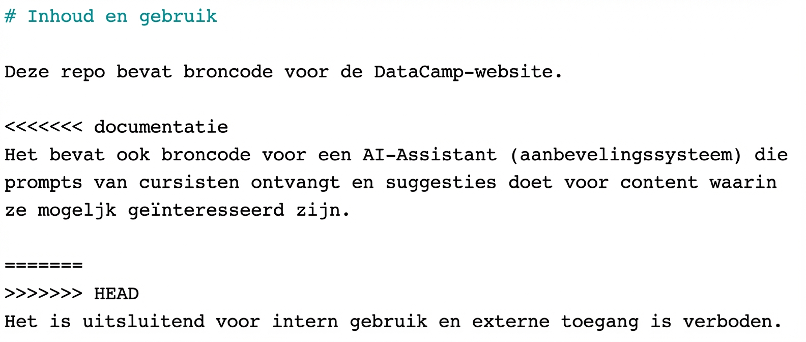 README-bestand met conflictsecties in nano