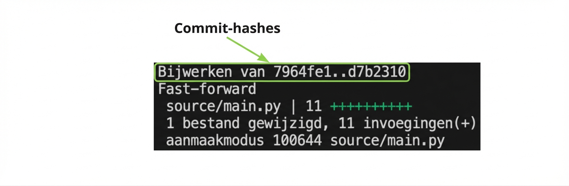 git_merge_output met een highlight op de commit-hashes