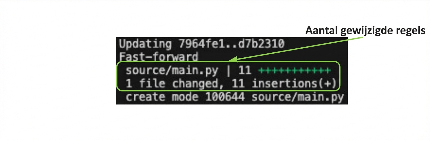 git_merge_output met een highlight op het aantal gewijzigde regels