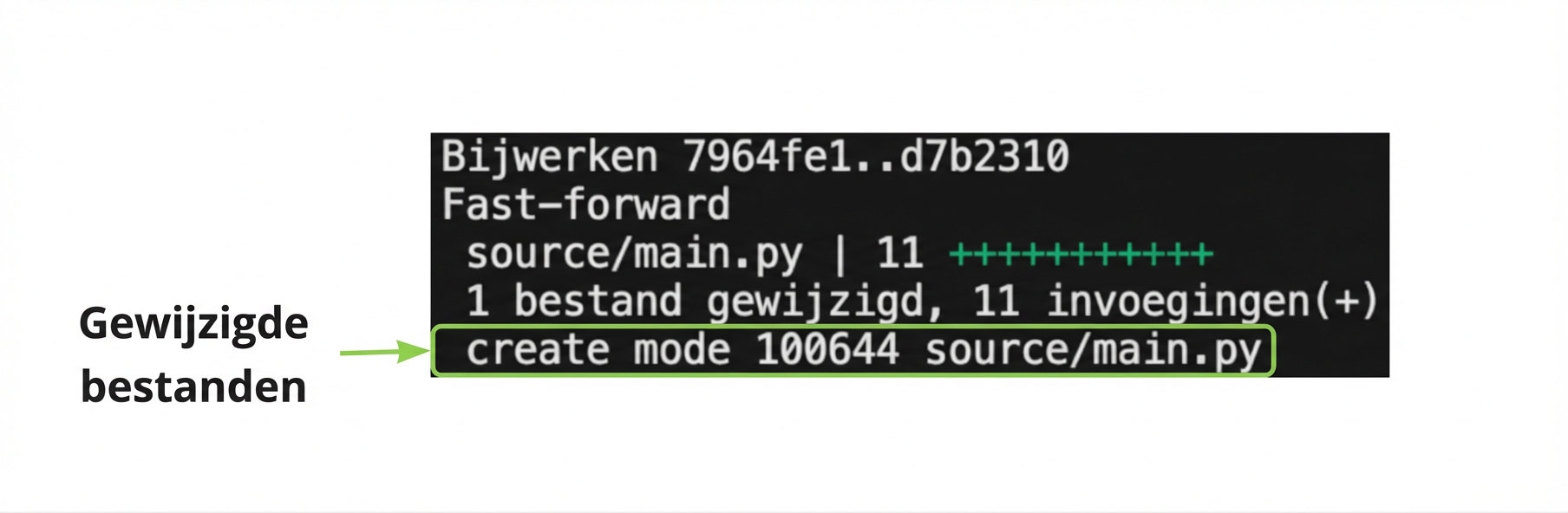 git_merge_output met een highlight op de laatste regel met de naam van het aangemaakte bestand