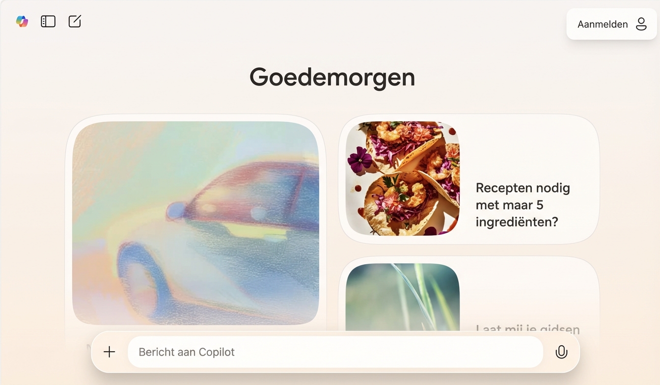 Een afbeelding van de Copilot-webinterface. Er zijn afbeeldingen met een prompt eronder die in volgorde staan.