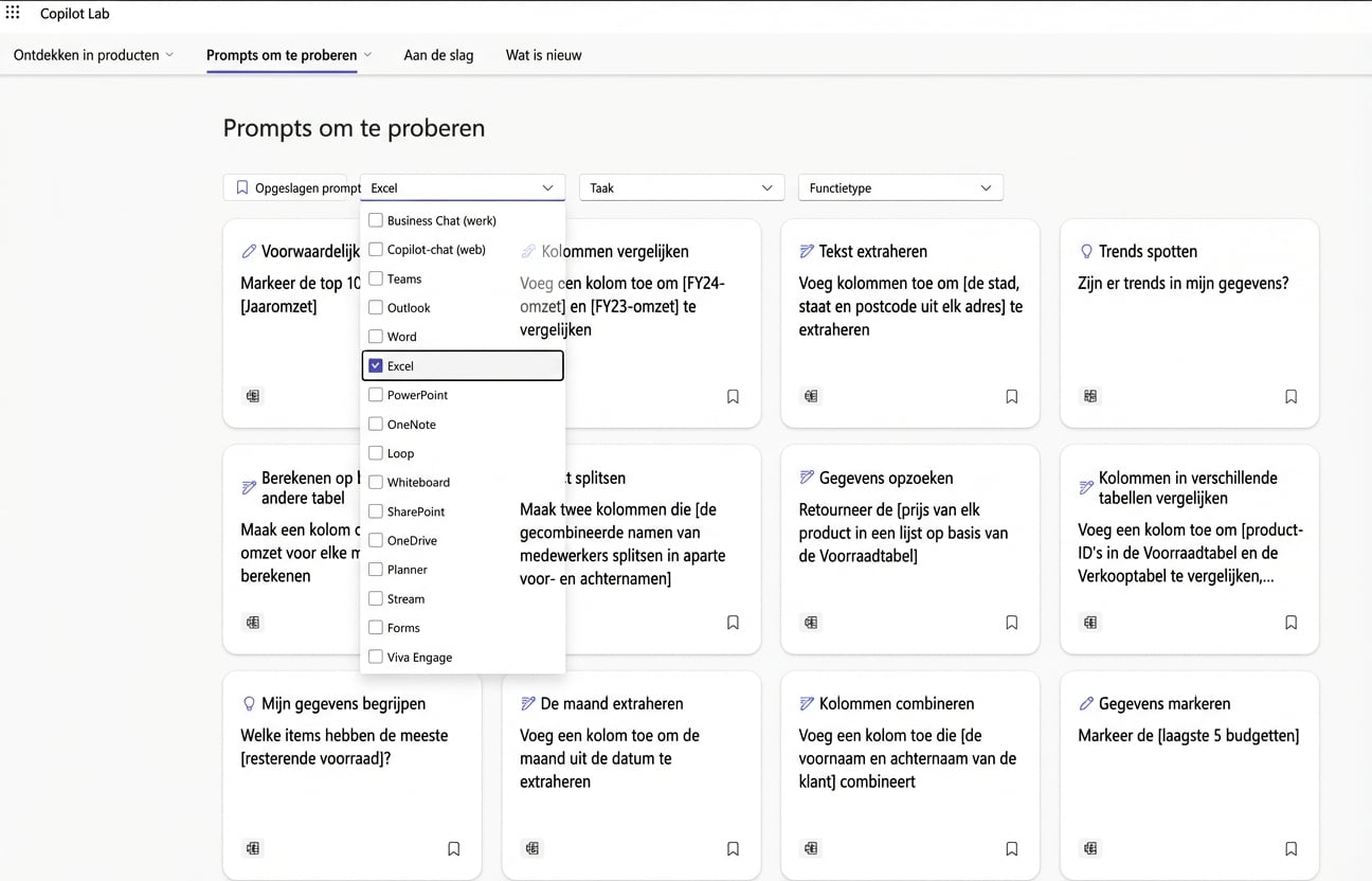 Een paar suggesties voor prompts van Copilot Lab, met een dropdownfilter.