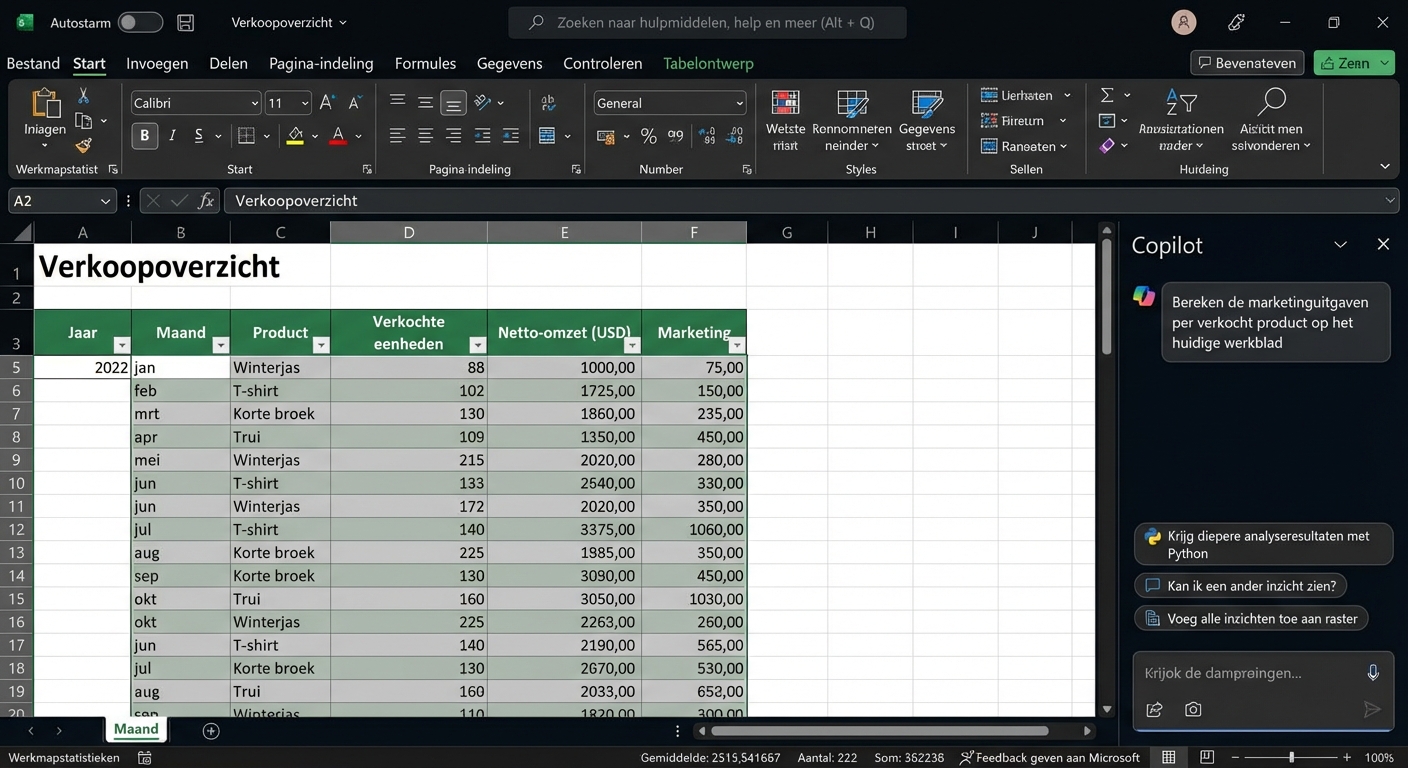 Een open Excel-document met informatie over kledingproducten en een open Copilot-chat ernaast, waar een gebruiker vraagt om de gemiddelde marketingkosten per product op het huidige blad te berekenen