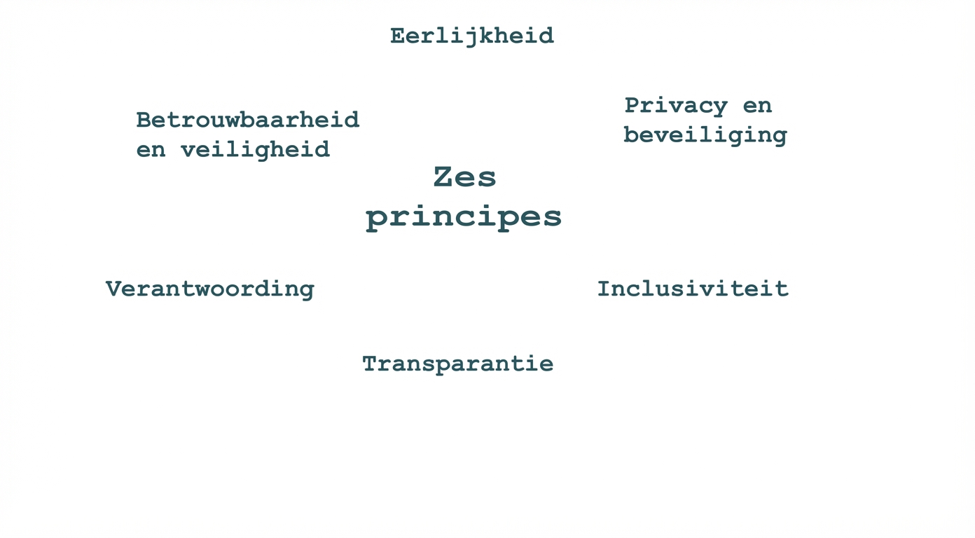Een tekst met de woorden "zes principes", met daaromheen de termen die deze principes weergeven: eerlijkheid, privacy en veiligheid, betrouwbaarheid en veiligheid, verantwoordelijkheid, inclusiviteit, en transparantie