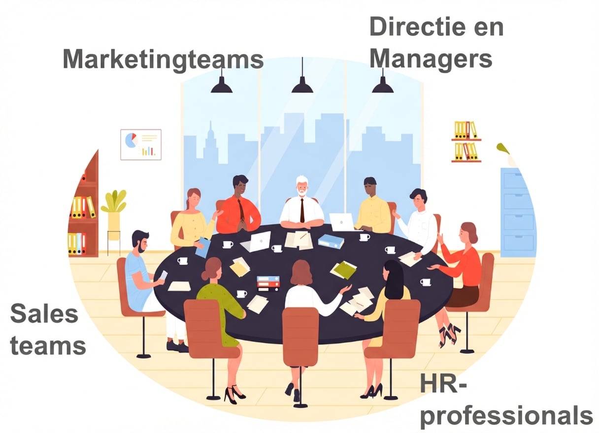 Afbeelding van een diverse groep professionals, met functies in marketing, verkoop, HR en leidinggevenden, die aan een grote vergadertafel in een vergaderruimte zitten.