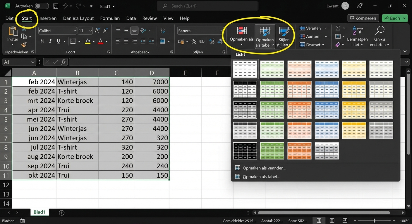 Een open Excel-document dat laat zien hoe je gegevens als een tabel kunt opmaken.