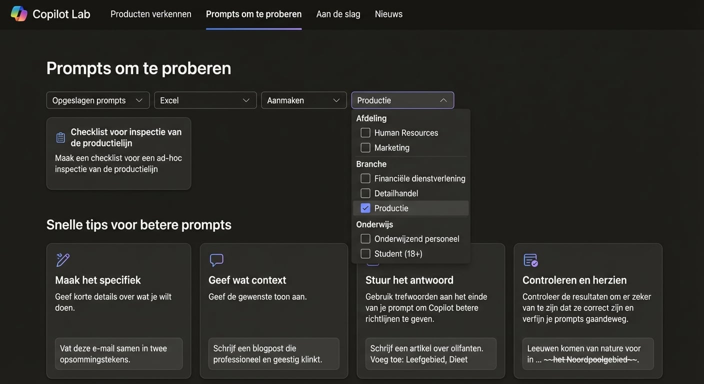 Een paar suggesties voor prompts van Copilot Lab, met een dropdownfilter.